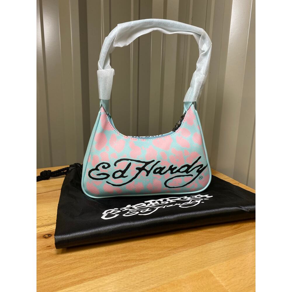 Ed Hardy X Siberia Hills Baby Blue Pink Animal Print Shoulder Bag New!